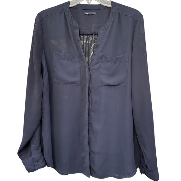 Gap Navy Blue Sheer Blouse Oversized XL Roll Tab Long Sleeve Button Front - Picture 1 of 5